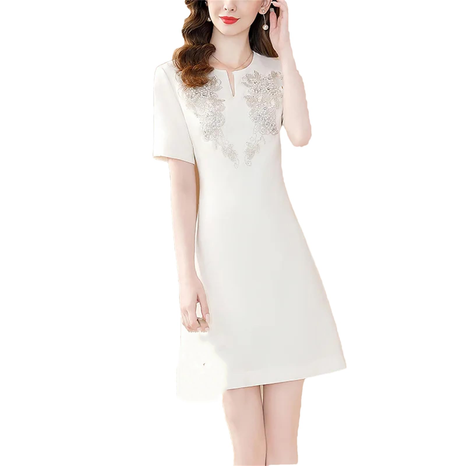 Yeuyyben Donne Elegante Ricamo Floreale Abito Bianco Ufficio A-Line Manica Corta Slim Abiti Da Festa