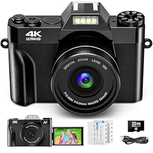 Digitalkamera, 56MP 4K Fotokamera mit 180° Flip 3.0″ Bildschirm, 16X Autofokus Kompaktkamera mit 32G SD Karte& Zwei 1500mAh Batterien für Kinder Erwachsene Ältere Anfänger