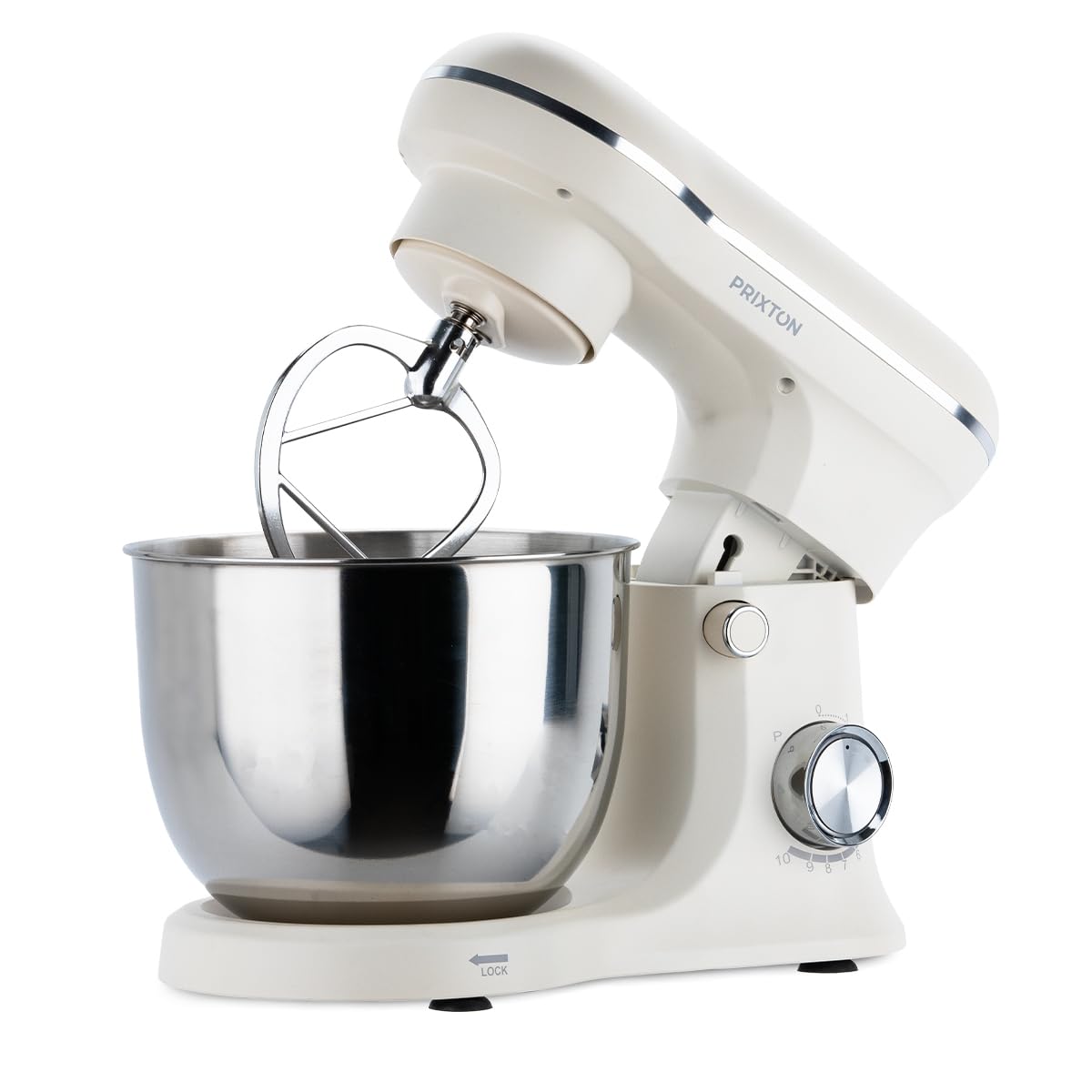 PRIXTON Batidora Amasadora KR250 para Repostería, Potencia 1500W, 10 Velocidades, Bol Acero Inoxidable de 5 litros, 3 accesorios, Tapa Transparente, Color Blanco Crema Mate (Reacondicionado)