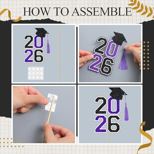 Image of 10 Pcs Graduation Table Centerpieces Sticks with Tassels, class of 2026 Grad Cap Picks Table Decoration Cupcake Toppers for Party Centerpiece Decoration Supplies(Black and Purple)
