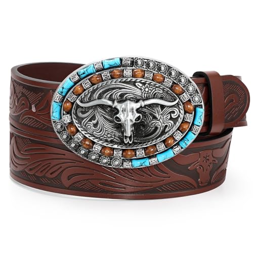 Western Genuine Leather Belt Turquoise Buckle Cowboy Belt for Men Women Jeans Pants