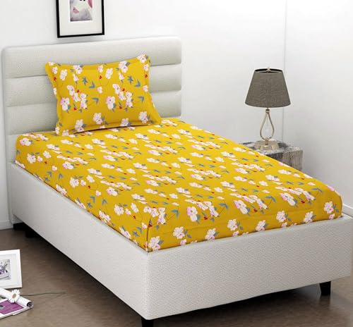 Image of VAS COLLECTIONS Premium 3D Printed 144 TC Microfiber Single Bedsheet with 1 Pillow Covers (220X152 cm) Yellow White & Green
