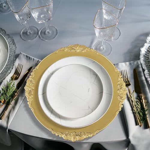 LATERN 12Pcs Multi-Use Gold Charger Plates with Embossed Rim, 33CM Plastic Dinner Charger Plates Large Round Serving Plates for Christmas Halloween Wedding Party Catering Event Table Decoration - Image 4