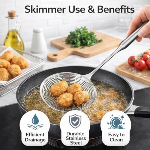 Image of Stainless Steel Oil Skimmer Jhara for Deep Frying | Heavy Duty Puri Pakora Frying Strainer | Long Handle Oil Drain Spoon | Rust Free Kitchen Skimmer