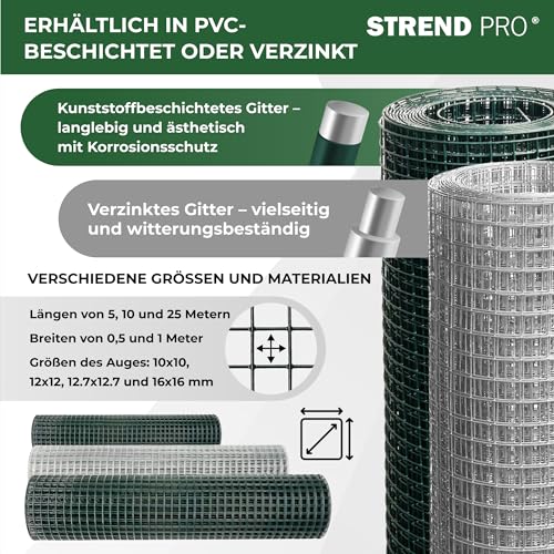 STREND PRO Maschendrahtzaun | Geschweißt - Verzinkt | 1m x 10m | 0,8 mm, 12,7x12,7mm | Kaninchendraht, Hasendraht, Volierendraht für Garten & Tierhaltung | Hasengitter, Hühnerzaun