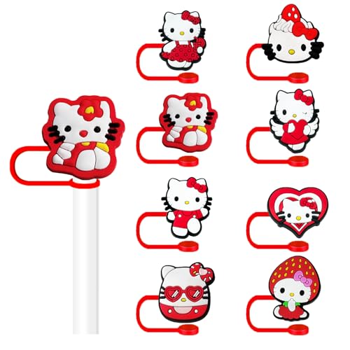 8 Pcs Kitty Straw Covers Cap - 10mm Cartoon Straw Topper(Box Packaging) Silicone Straw Tip Covers for Drinking StrawsRed Style