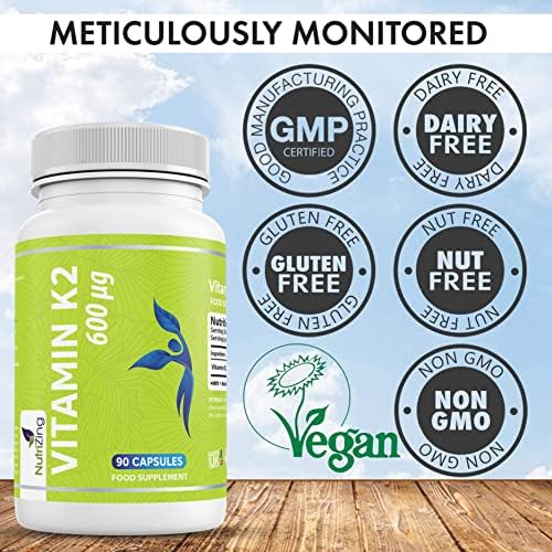 Vitamin K2 MK-7 600mcg by NutriZing - Fermented Natto Based Vegan Vitamin K - 90 Capsules - Supports Maintenance of Normal Bones - Certified Vegan by the Vegan Society