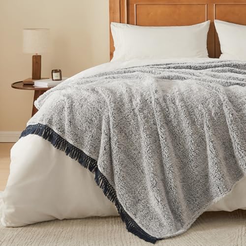 Image of EMME Soft Sherpa Fleece Blanket with Tassel, Reversible Plush Fluffy Large Blanket, Light Weight Warm Decorative Boho Blanket Cover for Sofa, Couch, Bedroom,Travel(Tassel Navy,50 inchx60 inch)