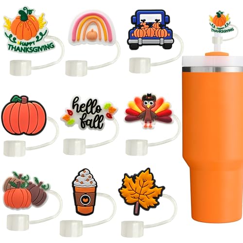 9pcs Fall Toppers for Stanley Cup - Thanksgiving Autumn Straw Covers 10mm Drinking Tip Covers for Stanley Cup Accessories