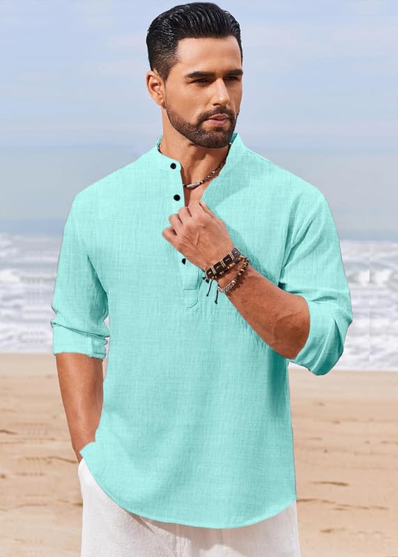 Image of Men's Luster Cotton Solid Casual Short Kurta for Men | Long Sleeve Mandarin Collar Stylish Kurta for Men