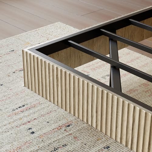 Image of Evermagin Oak Queen Floating Bed Frame with led Lights, Fluted 14In High Platform Bed No Headboard, Heavy Duty Mid Century Modern Float Metal Bedframe, No Box Spring Needed (Oak, Queen-14in high)