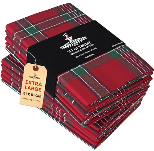 Trade Fountain Plaid Cotton Cloth Napkins [12 Pack] Extra Large 51 x 51 cm Reusable & Washable Dinner Napkins | Fabric Table Serviettes for Home Parties Weddings & Christmas Events