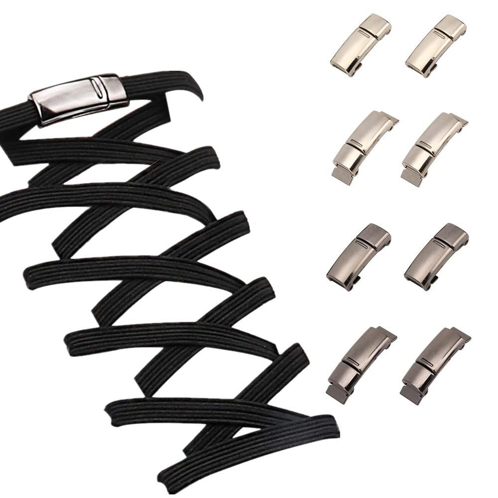 generic8 Pieces Shoelaces Buckle Lock Metal Quick Easy Shoelace No Tie BuckLe Switch Logo for Kids Adults Shoe Strings (Black, Silver ）