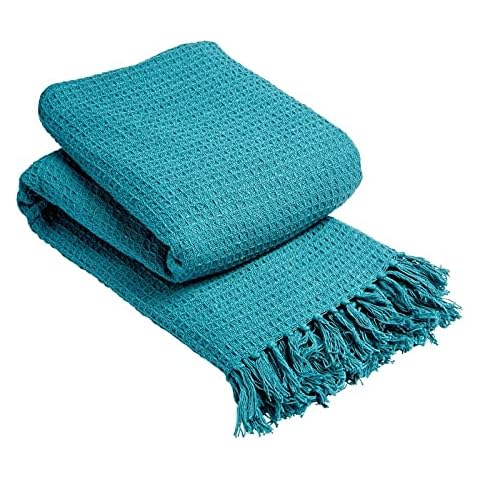 POSHLIVING Teal Cotton Honeycomb Throw Blanket Cover