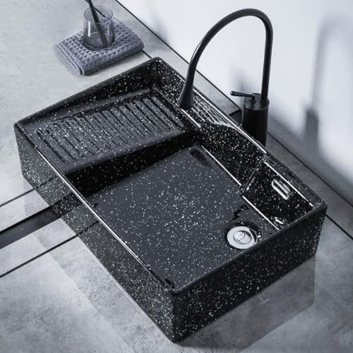 Ceramic Black Laundry Sink with Washboard, Stylish Bathroom Vessel Sink Set with Faucet & Drain, Ideal for Bathroom, Toilet & Balcony - 51x38x13.5cm (20.1x15x5.3in)