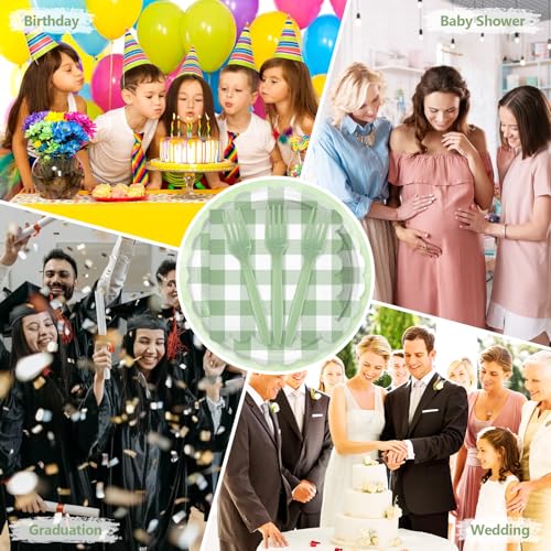 Image of Mulbozy 75 Sage Green Gingham Paper Plates and Napkins Disposable for Party