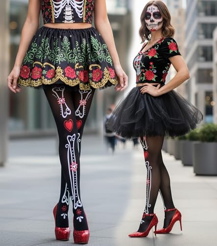 Image of ToBeInStyle Women's Sugar Skull Dia de los Muertos La Catrina Skeleton Bones Tights & Thigh High Stockings