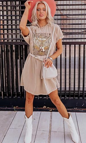 Image of Vintage Rock Country Music Dress for Women Rock Concert Band Graphic Tshirt Casual Letter Print Short Dress