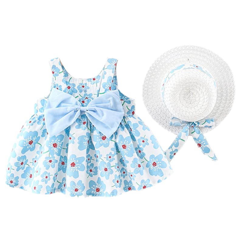 Newborn Infant Toddler Baby Girl Spring Summer Casual Dress Bohemia Floral Sleeveless Ruffle Tutu Dresses A-Line Easter Dress with Cute Hat Bowknot Sundress Tea Party Outfits Blue Flower 18-24 Months