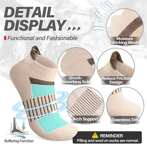 Image of 6 Pairs Merino Wool Ankle Running Hiking Socks Compression Support Breathable Thick Cushion No Show Socks for Women Men
