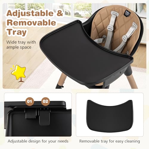 Image of BABY JOY High Chair, 5 in 1 Convertible Highchair for Babies & Toddlers | Booster Seat | Table and Chair Set | Infant Feeding Chair with Removable Tray, Safety Harness, Removable Cushion (Brown)