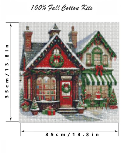 Image of askkqtx Christmas Stamped Cross Stitch Kits for Adults 14x14 Inch | Christmas Shop 11CT Needlepoint Counted Cross Stitch Kits for Beginner, Printed Embroidery Kit Art Craft Home Wall Decor Gift