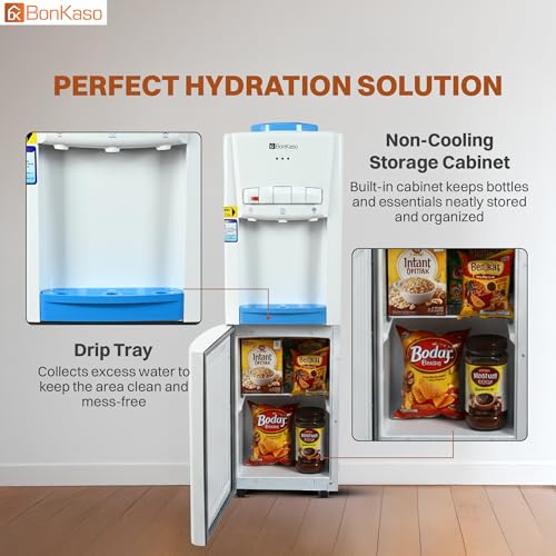 Image of BonKaso Top Loading Hot, Cold & Normal Water Dispenser | 20L Non-refrigerated Cabinet | Food-Grade ABS Body, LED Indicator, Child Lock, Removable Tray | 1 Year Warranty | White /Blue