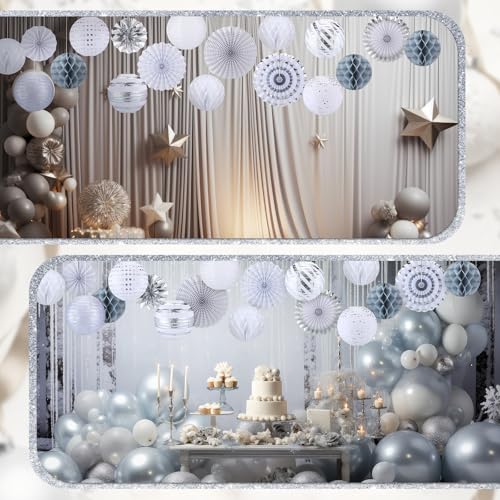 Image of Retisee 18 Pcs Metallic Silver Party Decorations Kit Hanging Metallic Silver Paper Lanterns Paper Fans Honeycomb Balls for Birthday Anniversary Celebration Wedding Graduation Decoration Supplies
