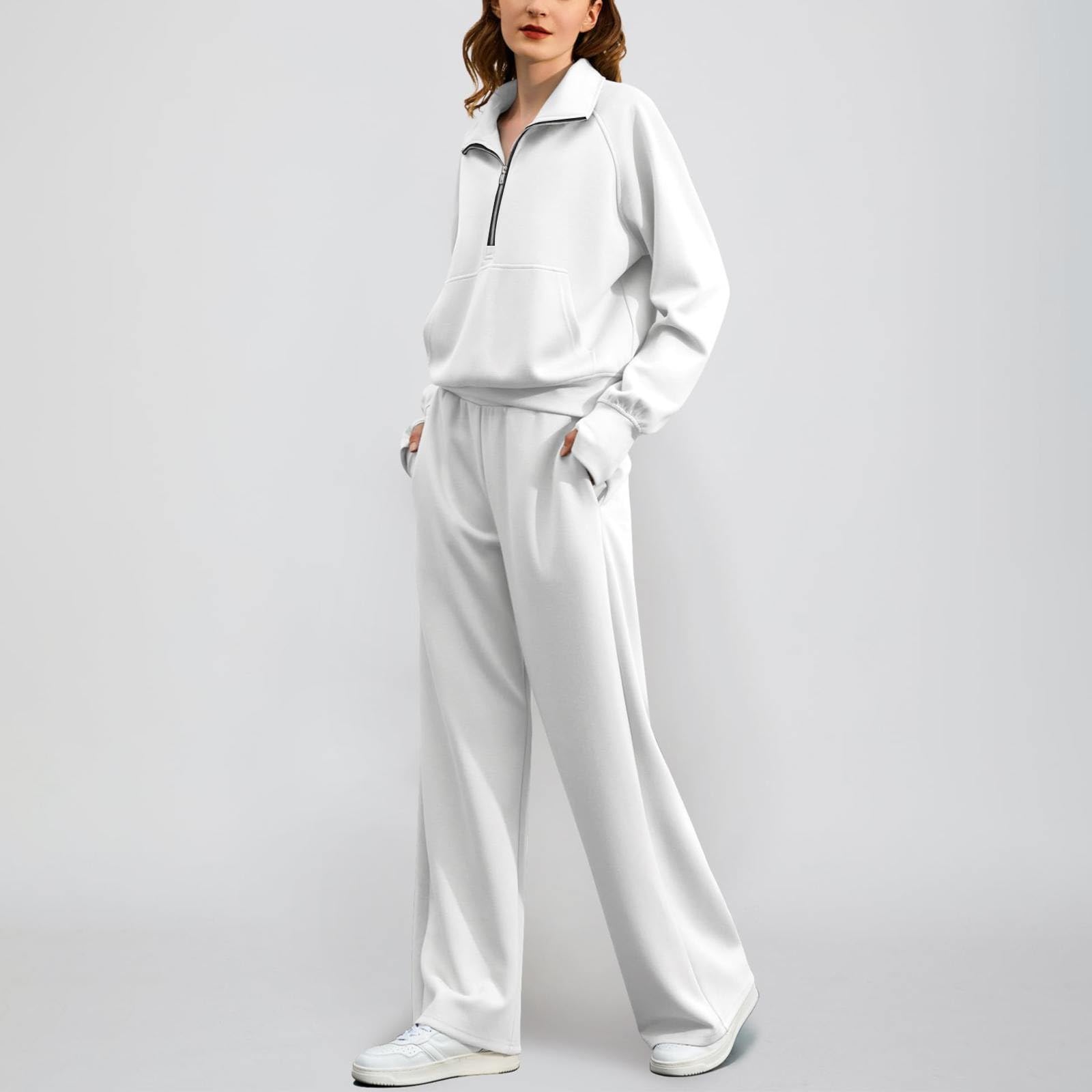 Chándal de dos piezas para mujer, sin capucha, traje deportivo de 2 piezas, conjunto de pantalones de pierna ancha, ropa de ocio, traje de casa con media cremallera, atuendo informal de viaje