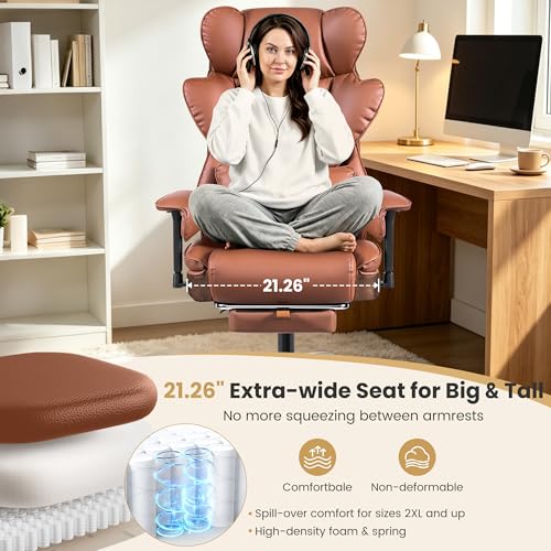 Image of Big & Tall Executive Office Chair 400 LBS, Ergonomic High Back Heavy Duty Computer Chair with Retractable Footrest and Wide Seat, for Heavy People, Brown