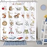 SJOAOAA ABC-Alphabet-Kinder-Duschvorhang, pädagogisches Lern-Duschvorhang für Badezimmer-Set, Baby-Mädchen-Kinderzimmer, Kind, Cartoon, buntes Tier, niedlich, wasserdichter Duschvorhang für Badewann