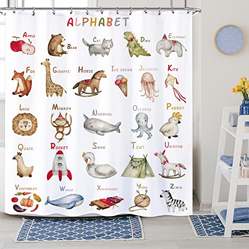 SJOAOAA ABC-Alphabet-Kinder-Duschvorhang, pädagogisches Lern-Duschvorhang für Badezimmer-Set, Baby-Mädchen-Kinderzimmer, Kind, Cartoon, buntes Tier, niedlich, wasserdichter Duschvorhang für Badewann