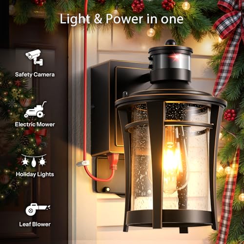 Image of Gleamz Front Porch Light with Outlet, ORB Gold Trim Modern Motion Sensor Outdoor Lights with GFCI, Waterproof Exterior Wall Light Fixtures, Anti Rust Garage Lights Wall Lantern, Adjustable Detection