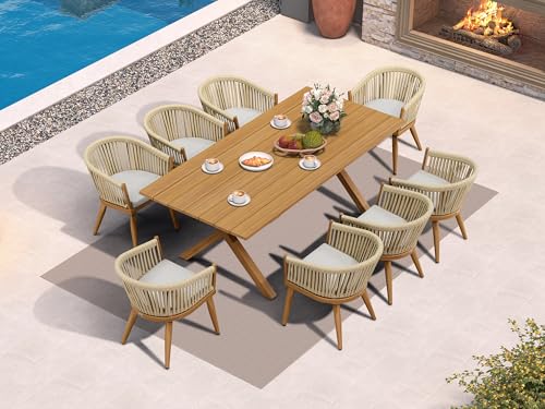 Image of PURPLE LEAF 9 Pieces Outdoor Dining Set with Patio Aluminium Dining Table and Wicker Chairs Modern Furniture Cushions Sets for Backyard Indoor Decor Kitchen Teak