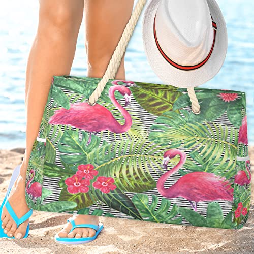 Bolsa de praia feminina listrada, tropical, com folhas de flamingo, flor e flor, impermeável, bolsa