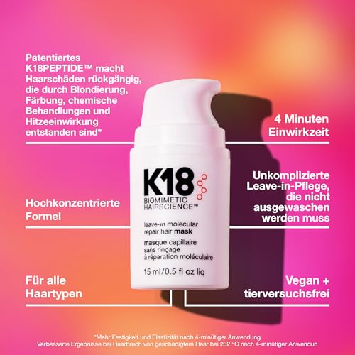 K18 Mini Leave-In Molecular Hair Mask, Reisegröße Leave-In Haarkur, repariert geschädigtes Haar, 15ml