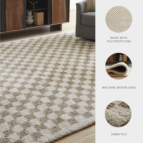 Image of Signature Design by Ashley Checkered Shag Area Rug, Taupe /Ivory, 5x7