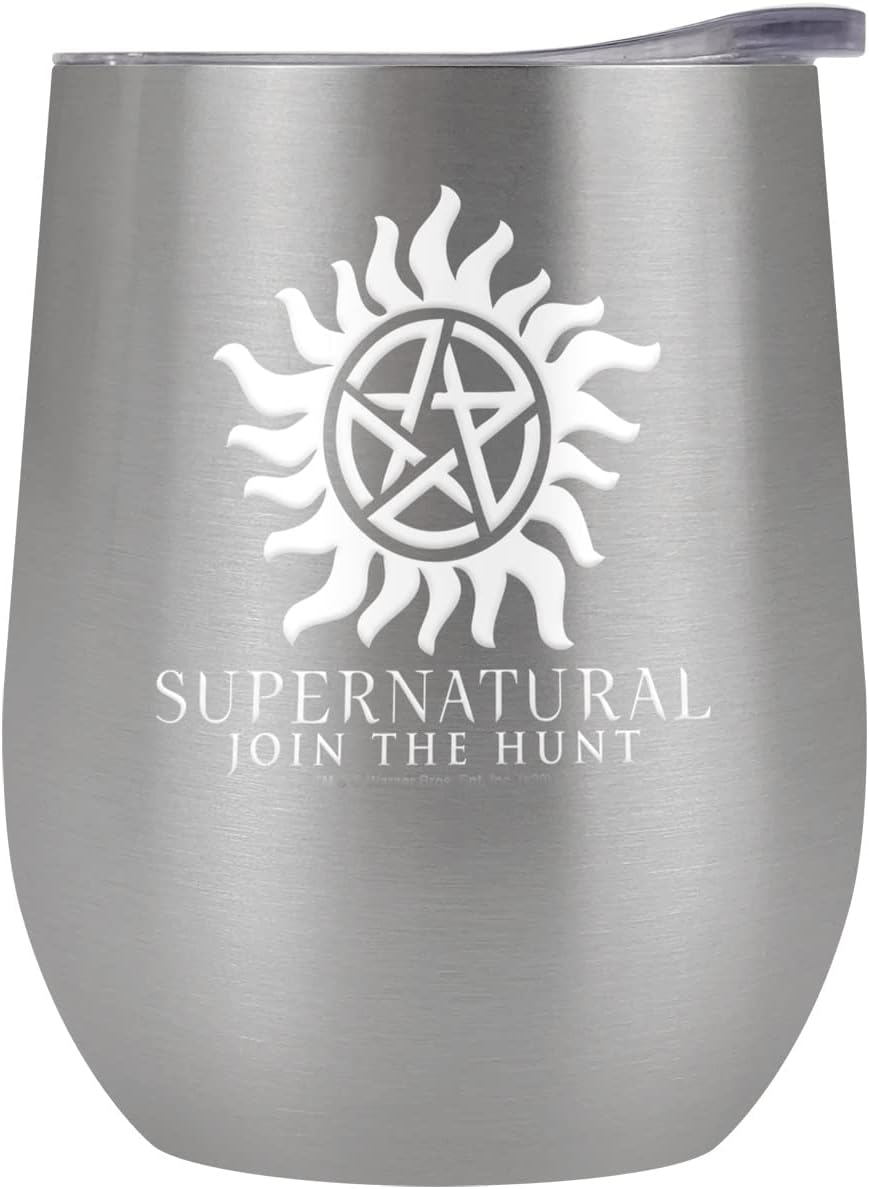 Supernatural OFFICIAL Anti Possession Symbol 12 OZ Stemless Wine Tumbler, Stainless Steel Travel Cup|Lake Tumbler|Insulated with Leak Resistant Slide-Lock Lid, Stainless Steel