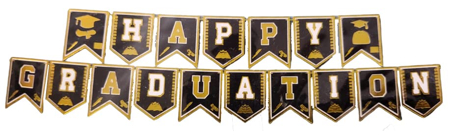 Image of Atpata Funky Happy Graduation 5 Feet Black & Gold mortarboard hat Shaped Flags Cardstock Banner