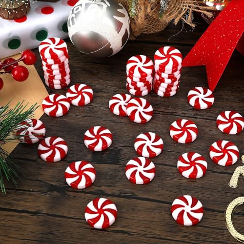 Image of JUNEBRUSHS 1 Inch Candy Cane Christmas Decorations, 50 Pcs Plastic Fake Peppermint Candy Ornaments Red And White For Xmas Holiday Decor Party Favors Crafts