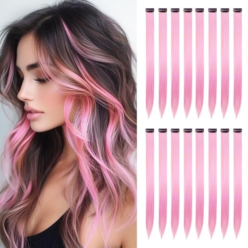 HappClan Pink Hair Extensions 16 Pcs Colored Clip in Hair Extensions Synthetic 22 inch Rainbow Hairpieces for Girls Women Favor Gift & Cosplay Dress Up Fashion Party Birthday (Pink Hair)