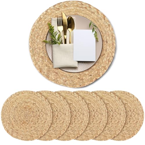 Image of Kochorie Set of 6 Round Woven Placemats 13.5-Inch Natural Water Hyacinth Plant Placemats Hand-Woven Boho Rattan Placemat Wicker Weave Table Mats for Home Dinner Plates Holiday Supplies