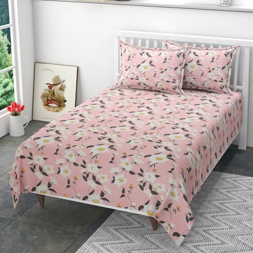 Image of 200 TC 100% Polycotton Printed Supersoft Bedsheet for Single Bed with 2 King Size Pillow Covers Soft /Breathable Wrinkel Free -60x90 Inches -Pink