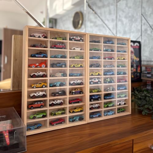 Image of 60 Compartment Wooden Display for Cars with Magnetic Acrylic Protection - Holds 1:64 Scale Cars - Foldable Wall-Mount or Shelf Organizer