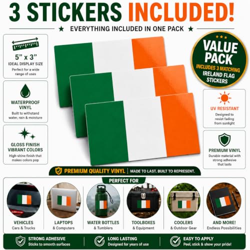 Image of Irish Flag Vinyl Flag Stickers, Car Decals, Waterproof Indoor Outdoor, Laptop Stickers, Car Bumper, St Patricks Day Decor, Ireland Flag, 5 x 3 Inches, Set of 3