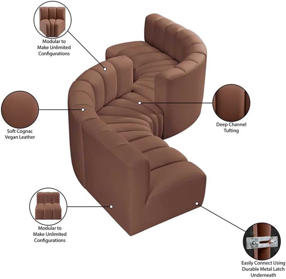 BOWERY HILL Contemporary Vegan Leather Modular Sectional, 6-Piece, Cognac, Deep Channel Tufting, 145" W x 50" D x 30" H, Versatile Living Room Furniture for Modern Spaces