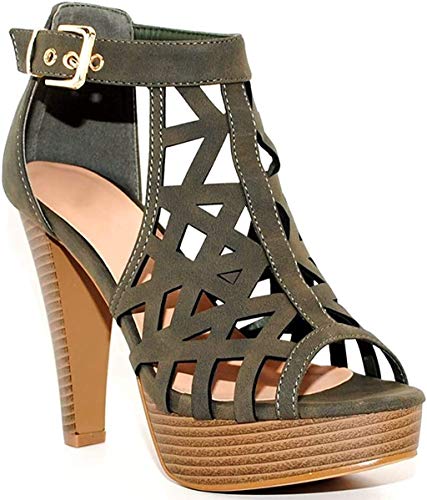 TRENDSup Collection Open Toe Ankle Strap Sandal – Western Bootie Stacked Heel Open Toe Cutout Shoes (7, Olive)