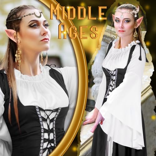 Image of Bonuci 6 Pcs Medieval Renaissance Fairy Costume Women Halloween Elf Cosplay Outfits Victorian Dress Elf Ears Fairy Headpiece