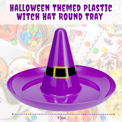 JF- Happy Halloween Themed Plastic Witch Hat Round Tray 13.5 in (Set of 2) Black and Purple Bonus Halloween Slap on Bracelet