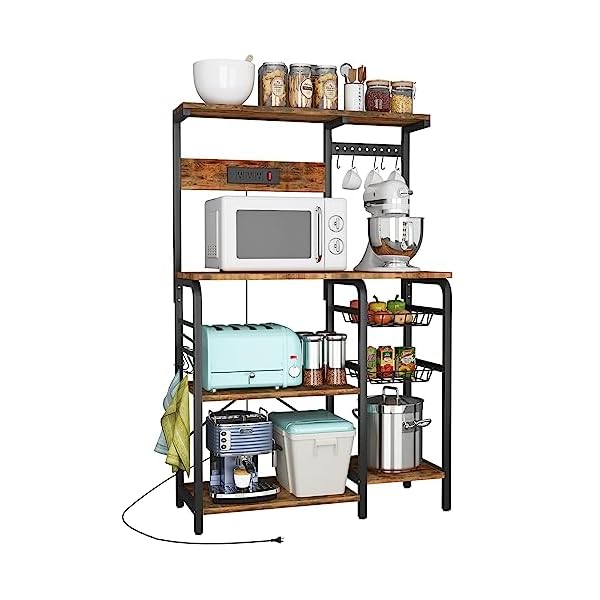 YILFANA Kitchen Bakers Rack with Power Outlet, Bakers Racks for Kitchen with Storage, Microwave Stand with Storage, Kitchen Rack and Shelves with 2 Wire Baskets, 10 S-Hooks, Kitchen Storage Shelves